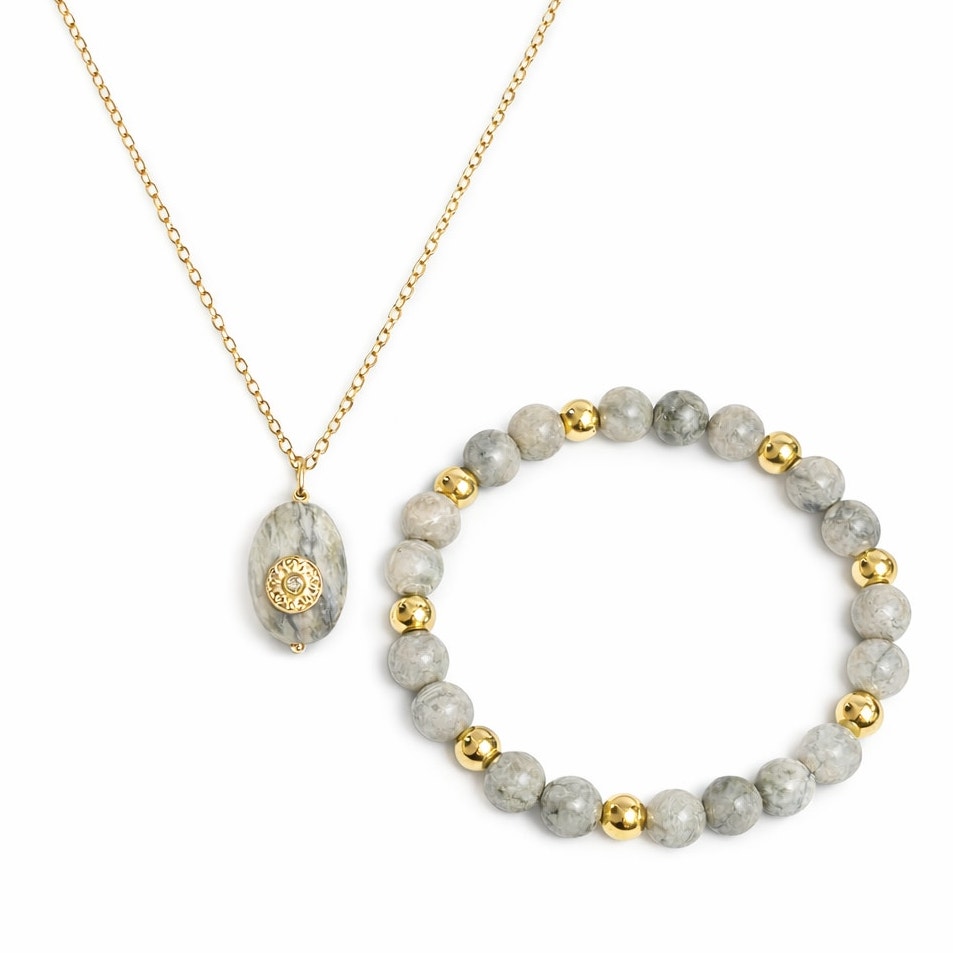 Pomina Picasso Jasper Stones Bracelet Pendant Necklace Set 24$